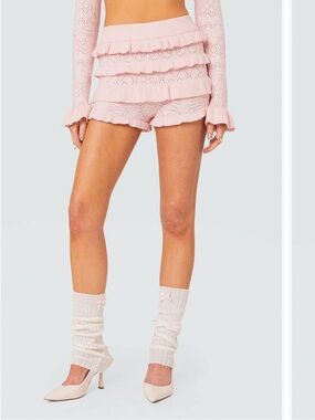 Edikted Ruffle Tier Knit Shorts in Pale Ballet Pink 🩰 🩷